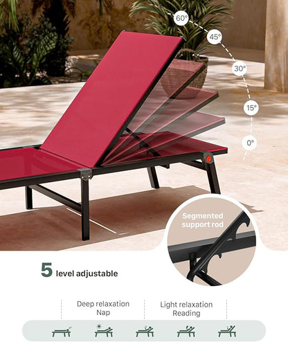 Aluminum Patio Chaise Lounge Chair Set of 2 with Side Table,5-Position Adjustable Backrest,Foldable Lounge Chair Outdoor,Pool Lounge Chairs for Poolside,Lawn,Deck,Beach (Red, 2 Pack+Table)