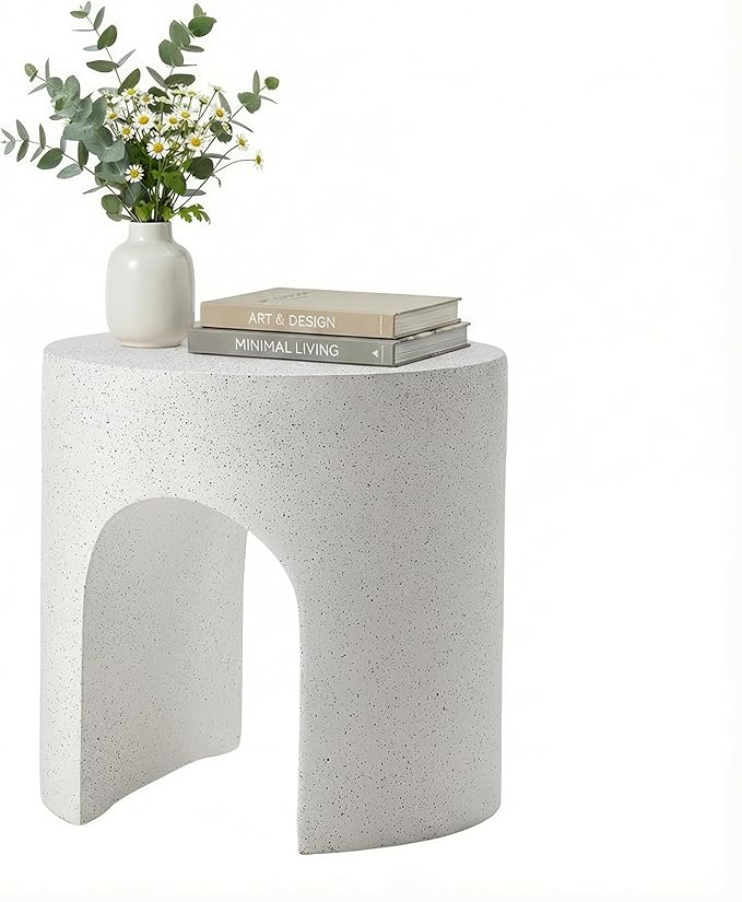 COSIEST White Outdoor Side Table, 15.7" Modern Concrete End Table with Arched Open for Patio, Small Round Outside Accent Table & Plant Stand for Garden, Porch, Deck, Balcony