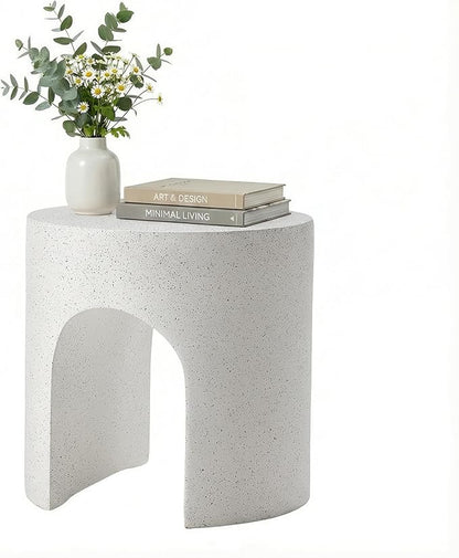 COSIEST White Outdoor Side Table, 15.7" Modern Concrete End Table with Arched Open for Patio, Small Round Outside Accent Table & Plant Stand for Garden, Porch, Deck, Balcony