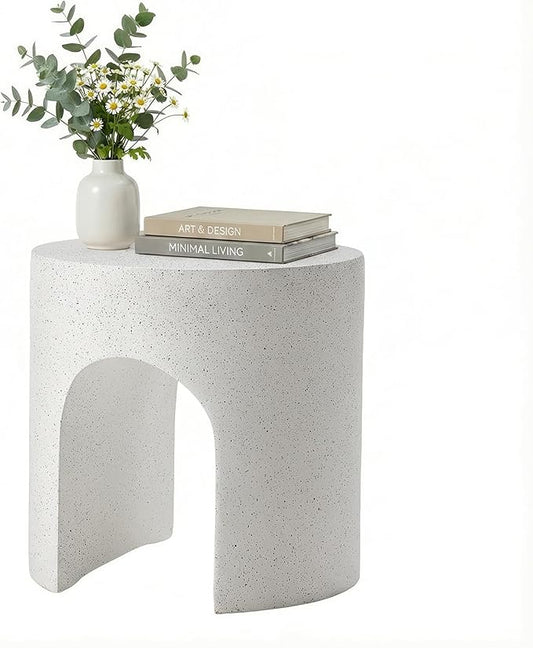 COSIEST White Outdoor Side Table, 15.7" Modern Concrete End Table with Arched Open for Patio, Small Round Outside Accent Table & Plant Stand for Garden, Porch, Deck, Balcony