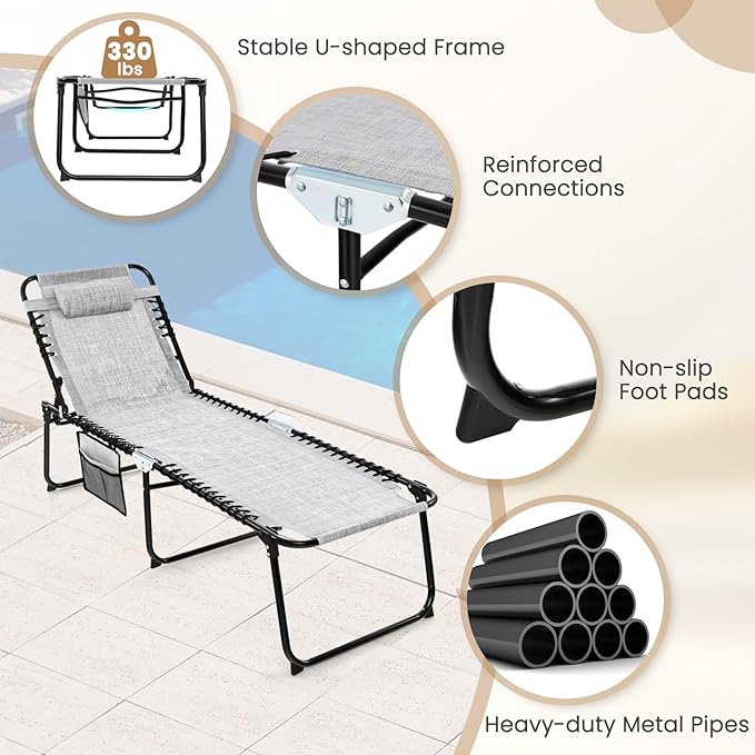 GYMAX Lounge Chairs for Outside, Extra High Folding Beach Tanning Lounger with Adjustable Backrest - Photo 6