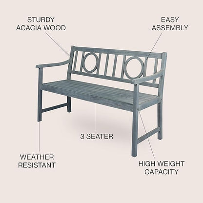 JONATHAN Y BNH104B Apollo 51.2" 3-Seat Circle-Back 600-Lbs Support Acacia Wood Outdoor Garden Patio Bench for Garden, Lawn, Backyard, Pool, Deck, Beach, Firepit, Gray