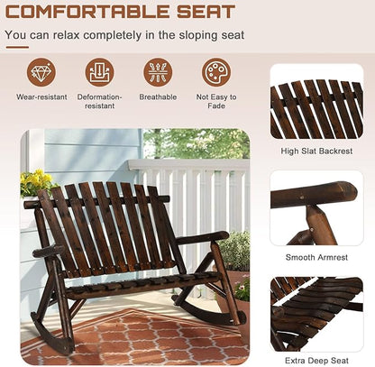 HOMEDIARY Outdoor Wood Rocking Bench, 2-Persons Rustic Adirondack Log Rocker with Slatted Seat, High Backrest/Armrests, Double Wooden Patio Porch Rocking Loveseat for Garden Backyard Porch, Carbonized