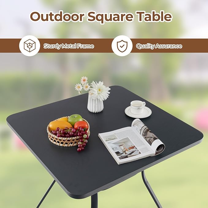 Tangkula 32-Inch Metal Patio Dining Table for 4, Outdoor Dining Table with Powder-Coated Metal Frame & Wood-Like Grain Tabletop, Square Outside Bistro Table for Backyard Garden Poolside Porch, Grey
