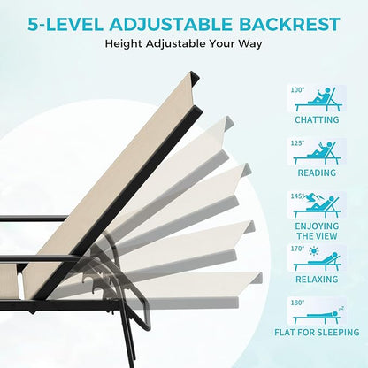 Outdoor Lounge Chair, Adjustable Patio Reclining Chaise with Textilene Fabric, Pool Lounge Chair with 5-Position Backrest for Patio, Garden, Poolside & Balcony,Khaki Set of 6