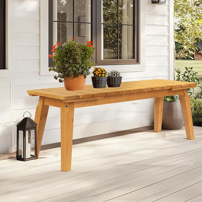 VINGLI Outdoor Wooden Bench, 45” 2-Person Backless Dining Bench, Weatherproof Outdoor Patio Bench for Porch Entryway Garden (2, Teak)