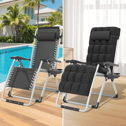 Magshion Zero Gravity Chair with Cushion, Reclining Outdoor Patio Lounge Chair, Folding Indoor Anti Gravity Recliner, Portable Lounger with Removable Cup Holder Side Tray and Pillow Headrest (Black)
