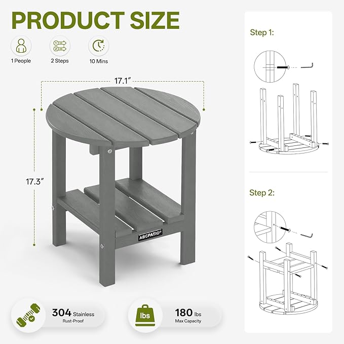Outdoor Side Table Round - Patio Side Tables - HDPE Small Outdoor End Table for Backyard Pool Porch Balcony - Double Layer Storage - Dark Gray (Wood Grain Finish)