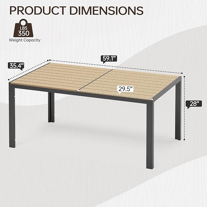 PIZZELLO Patio Dining Table for 6, 59" Rectangular Outdoor Patio Tables with Wood-Like Slat Top, All Weather Metal Outdoor Dining Table for Lawn Backyard Garden, Khaki