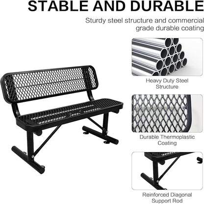 4 Ft Metal Park Bench for Outside, All-Weather Thermoplastic Coating Outdoor Bench with Backrest, Commercial Heavy Duty Benches for Shopping Malls, Stores, Parks, Patios, Decks, Black