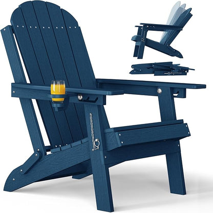 YEFU Folding Adirondack Chair for Outdoor: Plastic Foldable Fire Pit Chair with Cup Holders & Adjustable Backrest - Sturdy All-Weather HDPE for Outside Patio Poolside - Easy Assembly(Navy Blue)