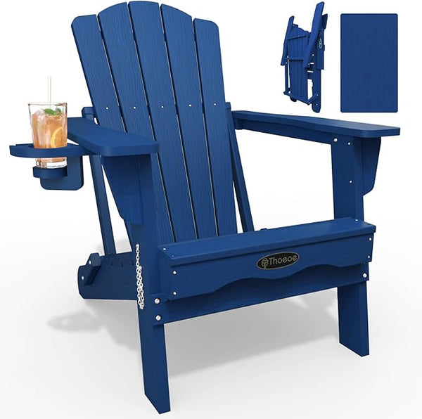 Folding Adirondack Chair, HDPE All-Weather Outdoor Chair with Cup Holder, Wooden Textured, Fire Pit Chair - Photo 1