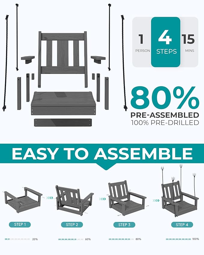 SERWALL HDPE Single Porch Swing, Heavy Duty Single Person Swing Chair with 2 Polypropylene Hanging Ropes - Photo 7