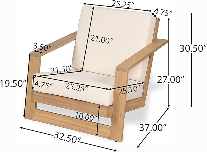 Christopher Knight Home Fayah Acacia Wood Lounge Chair Outdoor, Wooden Patio Armchair for Lounging, Patio Furniture Single Sofa Chair, Garden/Poolside Comfy Reading Chair with Cushion,Light Teak+Beige
