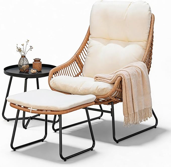 PROHIKER Outdoor Chaise Lounge Chair Set, Indoor Wicker Papasan Egg Chair with Thick Cushion, Ottoman and Table - Photo 1