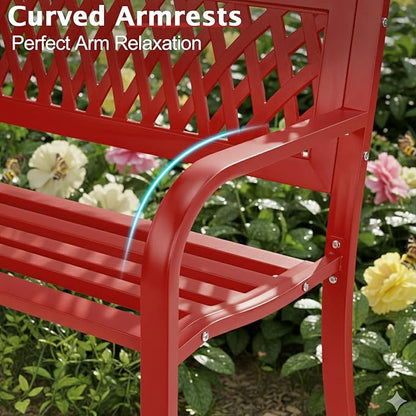 Outvita Outdoor Bench, 47" Iron Steel Frame Garden Bench with Mesh Pattern and Plastic Backrest Armrests, Patio Bench for Garden Park Yard Front Porch Patio, Red