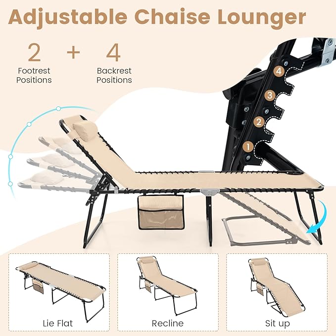 Tangkula Beach Lounge Chair for Outside, Folding Chaise Lounge Outdoor with 4-Position Backrest - Photo 5