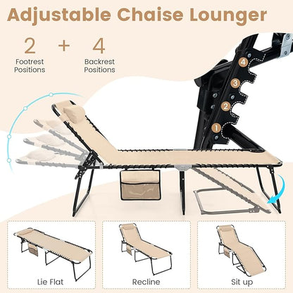 Tangkula Beach Lounge Chair for Outside, Folding Chaise Lounge Outdoor with 4-Position Backrest, Removable Headrest and Side Pocket, Portable Sunbathing Tanning Chair for Patio, Poolside (2, Beige)