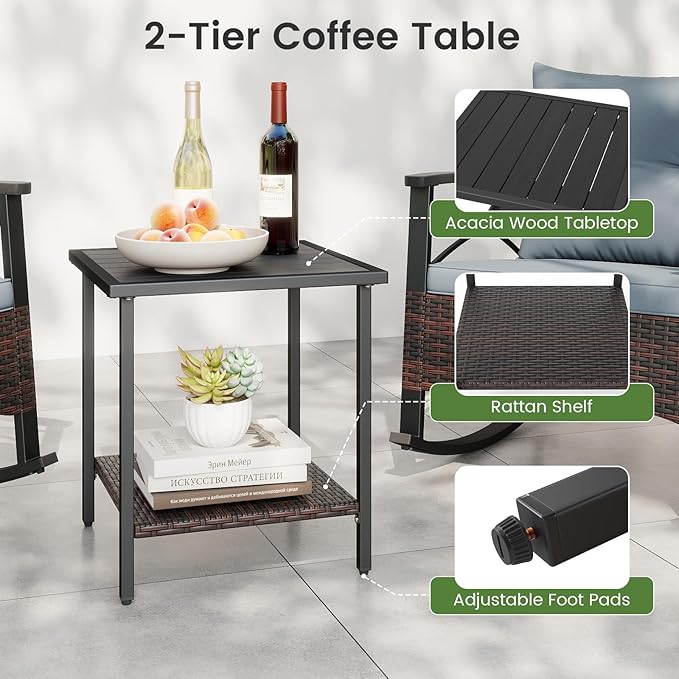 ORALNER 3-Piece Wicker Rocking Chair Set, Outdoor Cushioned Rocker and Acacia Wood Side Table, 400lbs Capacity, PE Rattan Patio Conversation Bistro Set for Porch, Garden, Deck, Poolside, Yard (Gray)