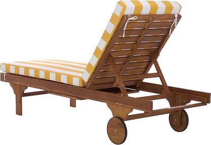 SAFAVIEH Outdoor Patio Furniture Collection - Newport Natural Solid Wood Chaise Lounge Chair with Yellow Stripe Cushion, Adjustable Backrest (PAT7316Y)