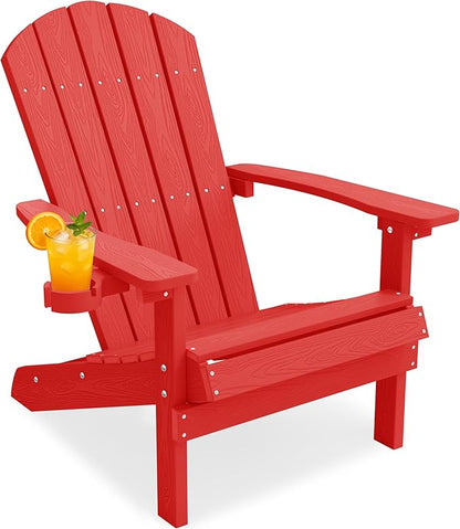 YEFU Adirondack Chair Weather Resistant: Plastic Adirondack Chairs - Patio Chairs with Cup Holder & Wood Texture - Outdoor Chair HIPS - Lawn Fire Pit Deck Porch Garden Chairs for Adults (Red)