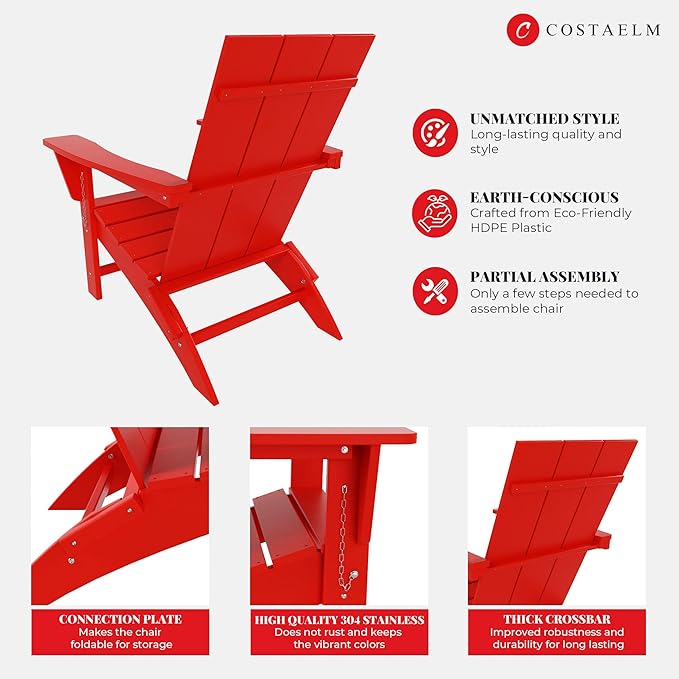 Costaelm Folding Adirondack Chairs, Outdoor Patio Adjustable Lawn Chairs, Weather Resistant Outside Firepit Chairs for Porch, Poolside, Garden, Backyard Deck, Red