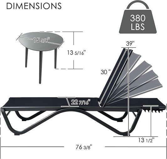Kozyard Outdoor Chaise Lounge Chair, Full Aluminum Frame, Adjustable Reclining Patio Lounger for Poolside, Sunbathing & Backyard, Textilene (NavyBlue, 2Chairs + Table)