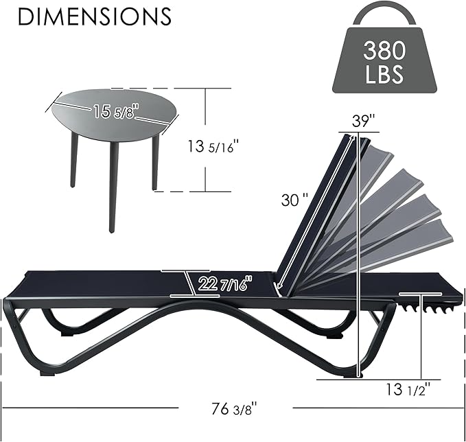 Kozyard Outdoor Chaise Lounge Chair, Full Aluminum Frame and Textilene Fabric, Adjustable Reclining Patio Lounger for Poolside, Sunbathing & Backyard (NavyBlue, 2Chairs with Table)