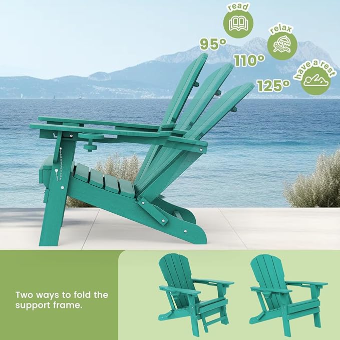 LOUNZY Folding Adjustable Adirondack Chair with Footrest Set of 4,HDPE Recliner Adirondack Chair with Cup Holder for Deck Lawn Fire Pit,Aruba