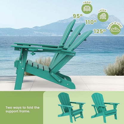 LOUNZY Folding Adjustable Adirondack Chair with Footrest Set of 4,HDPE Recliner Adirondack Chair with Cup Holder for Deck Lawn Fire Pit,Aruba
