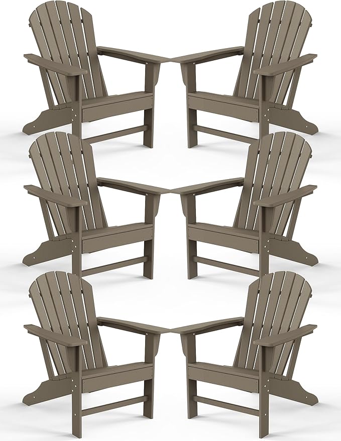 Farmhouse Adirondack Chair Set of 6, Poly Lumber Patio Chairs, Pre-Assembled Weather Resistant Outdoor Chairs for Pool, Deck, Backyard, Garden, Fire Pit Seating, Weather Wood