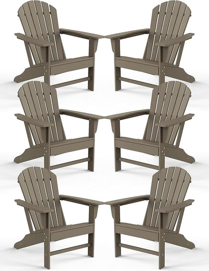 Farmhouse Adirondack Chair Set of 6, Poly Lumber Patio Chairs, Pre-Assembled Weather Resistant Outdoor Chairs for Pool, Deck, Backyard, Garden, Fire Pit Seating, Weather Wood