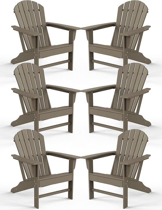 Farmhouse Adirondack Chair Set of 6, Poly Lumber Patio Chairs, Pre-Assembled Weather Resistant Outdoor Chairs for Pool, Deck, Backyard, Garden, Fire Pit Seating, Weather Wood