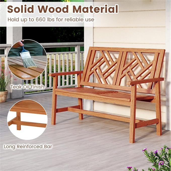 48 Inch Solid Hardwood Garden Bench, 2-Person Outdoor Wood Patio Loveseat with Geometric Backrest and Contoured Seat, Heavy Duty Porch Furniture for Backyard and Balcony, 660 lbs Capacity