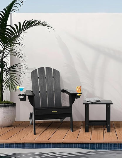 Folding Adirondack Chair Set of 4, Wooden Textured Plastic Adirondack Chairs with 2 Cup Holder, Weather Resistant HDPE Fire Pit Chair, Outdoor Patio Chairs for Garden, Backyard, Lawn, Deck, Black