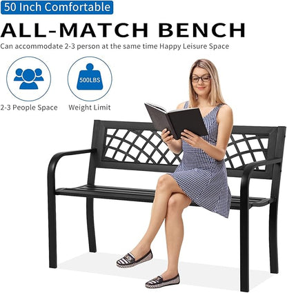 YRLLENSDAN Outdoor Bench 45in Metal Garden Bench All Weather Patio Bench for Outdoors with Backrest and Armrest for Patio, Park, Lawn, Deck w/Mesh Pattern Accent, Antique Finish - Black