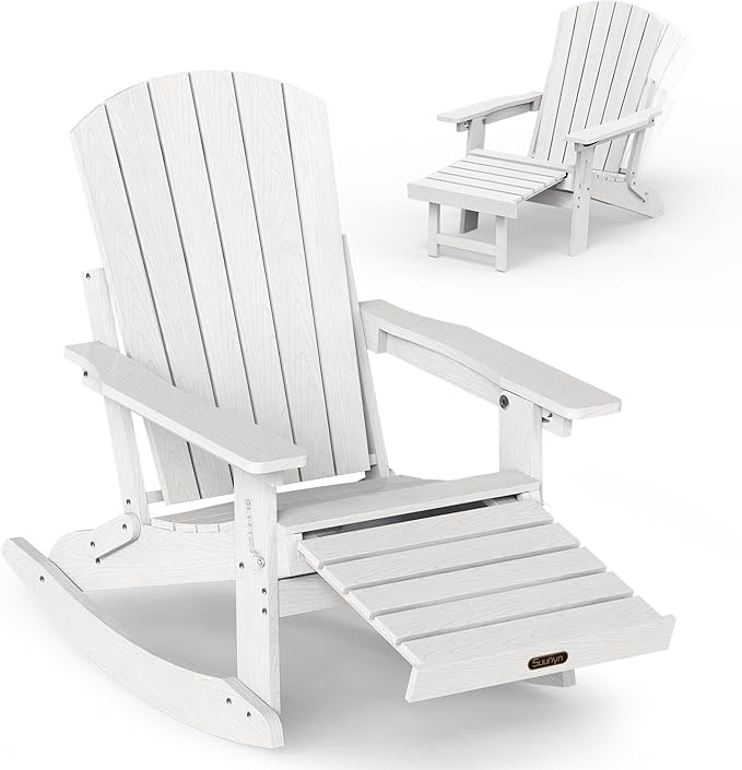 Adirondack Rocking Chair with Retractable Ottoman, 4-in-1 Foldable Reclining Patio Chair, HDPE Wood-Look Outdoor Rocker for Porch, Garden & Poolside, White