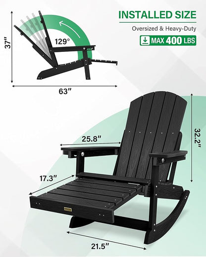 YEFU Rocking Chairs Outdoor Set of 4, Adirondack Chairs with Retractable Ottoman, Adjustable Adirondack Rocking Chair,Rockings Chair Outside,Weather Resistant,for Patio,Porch,Lawn,Heavy Duty,Black