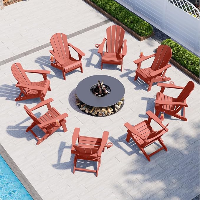 Folding Adirondack Chairs with Cup Holders, Set of 4 HDPE Plastic Outdoor Chairs, Weather Resistant, Real Wood Look - Photo 8