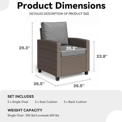 2 Pieces Patio Furniture Set, Outdoor Wicker Chairs Set of 2, All Weather High Back Rattan Chairs, Seating Club Chair Porch Chairs Set with Cushions for Balcony Porch Deck, Gray