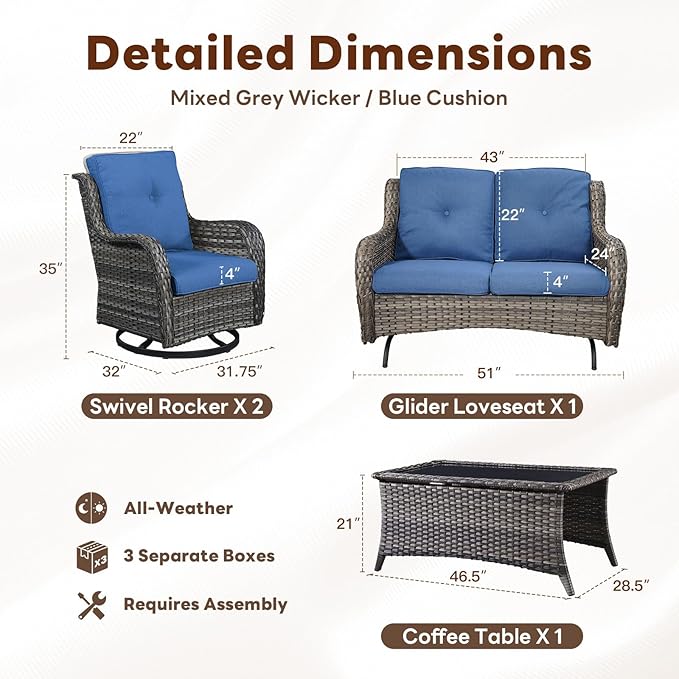 Belord 4 Piece Patio Wicker Furniture Set, Outdoor Swivel Rocker Chairs, All Weather Outdoor Patio Loveseat with Cushion and Coffee Table for Deck Porch, Gray Wicker/Blue
