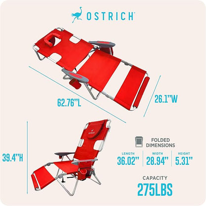 Ostrich the Backpack 3N1 Portable Chair with Cooler Bag and Reclining Lounger for Tanning, Camping, Beach, and Outdoor Essential, Red