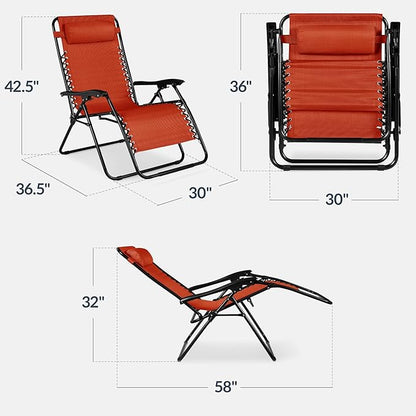 Best Choice Products Set of 2 Extra Wide Adjustable Steel Mesh Zero Gravity Lounge Chair Recliners w/Pillows and Cup Holder Trays - Burnt Orange