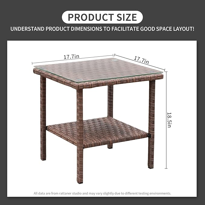 Outdoor Wicker Patio Rattan Garden Coffee End Square Table with Glass Top 2-layer Furniture (Brown)