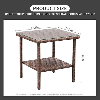 Outdoor Wicker Patio Rattan Garden Coffee End Square Table with Glass Top 2-layer Furniture (Brown)