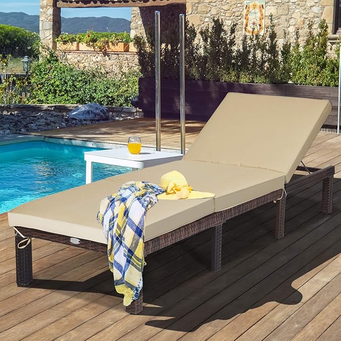 COSTWAY 2PCS Patio Rattan Lounge Chair, 6-Gear Adjustable Chasie Lounge, Outdoor Recliner for Deck, Backyard (Brown) - Photo 3