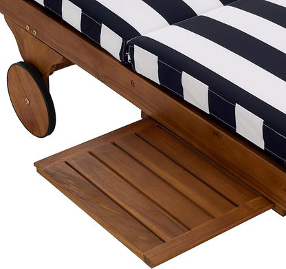SAFAVIEH Outdoor Patio Furniture Collection - Newport Natural Solid Wood Chaise Lounge Chair with Navy Stripe Cushion, Adjustable Backrest (PAT7316F)