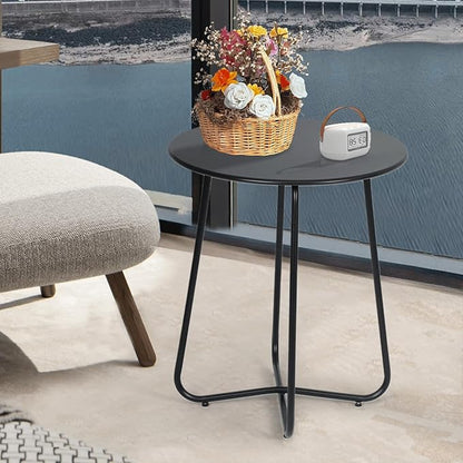 MoNiBloom 24-Inch Black Outdoor Patio Side Table, Indoor Small Round Coffee Table, Steel Frame End Table for Garden Balcony Porch Backyard Lawn Deck Yard Poolside Outside Weather Resistant