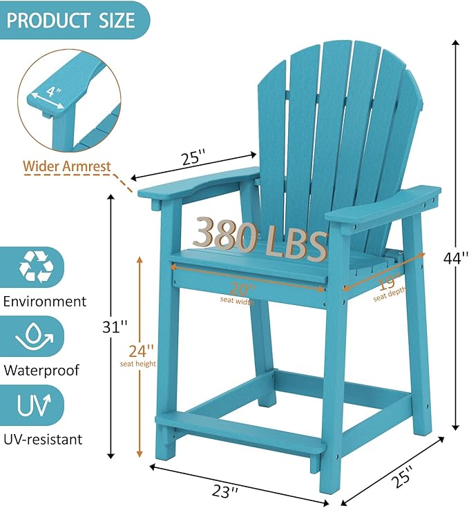 OTSUN Tall Adirondack Chairs Set of 2, HDPE Bar Height Outdoor Chairs, Adirondack Bar Stools for Patio Balcony & Porch - Photo 3