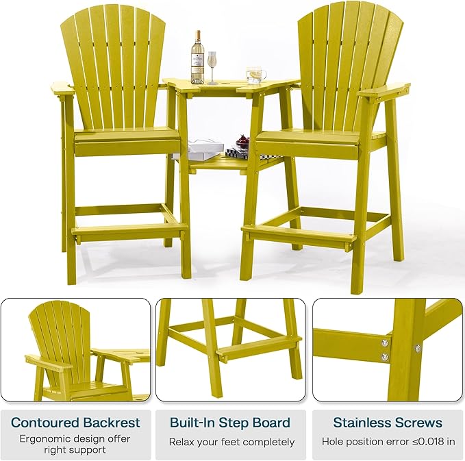 Tall Adirondack Chairs Set of 2, HDPE Balcony Chair with Double Connecting Tray, Weather Resistant Outdoor Adirondack Bar Stools for Patio, Deck, Patio, Backyard, Balcony. (Yellow)